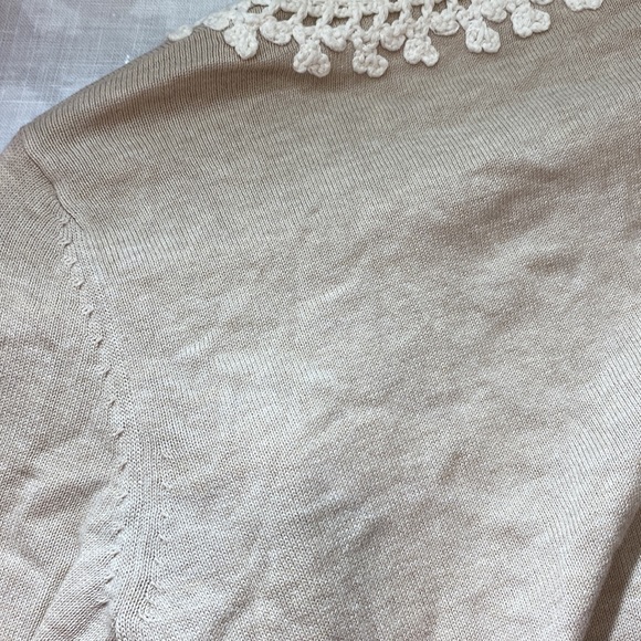Banana Republic Tan Beige Cotton Knit Open Front Cardigan Lace Crochet Trim XS - Picture 11 of 14